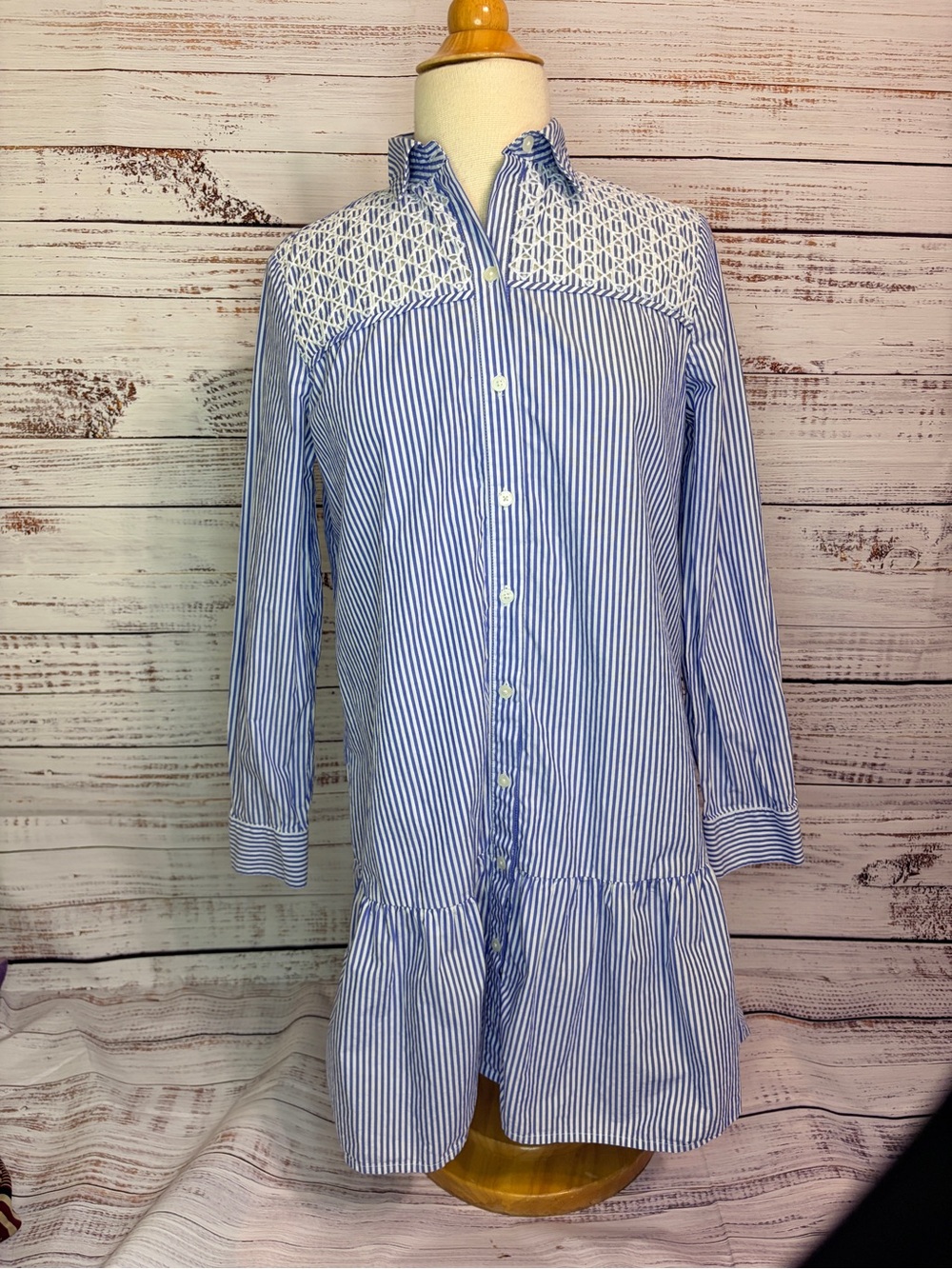 Loft Striped Blue & White Button-Front Shirt Dress with Lace Yoke